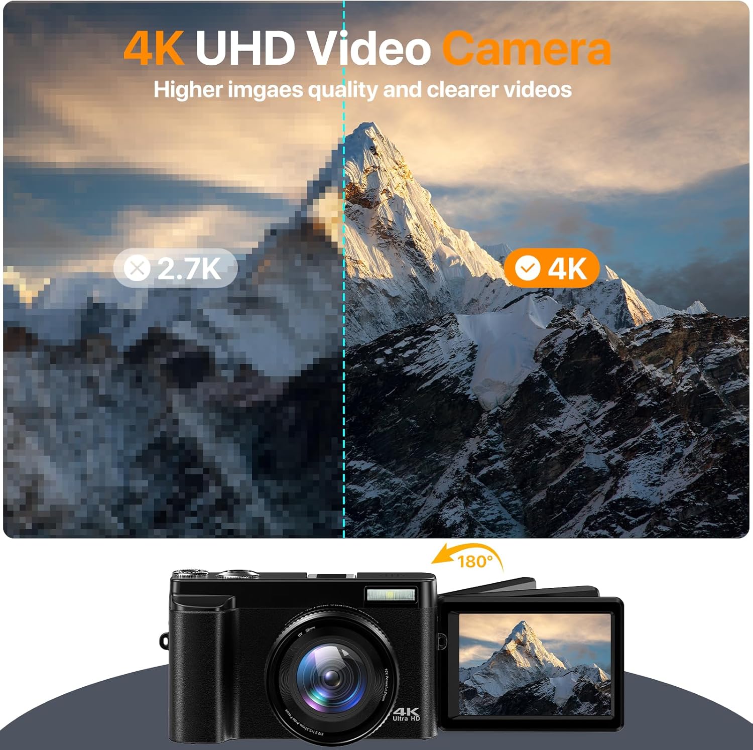 4K Digital Camera for Photography Auto-Focus Vlogging Camera for YouTube Video with 3” 180° Flip Screen 16X Anti-Shake 4K Camera Compact Cameras with SD Card, Flash, 2 Batteries & Battery Charger